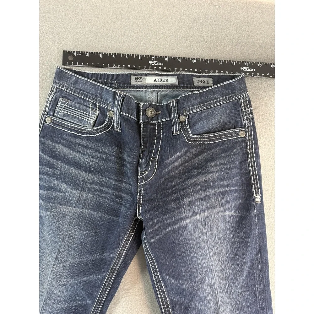 BKE Aiden Jeans Mens‎ 29x27 Med Wash Blue Relaxed Bootcut Stretch Distressed Hem